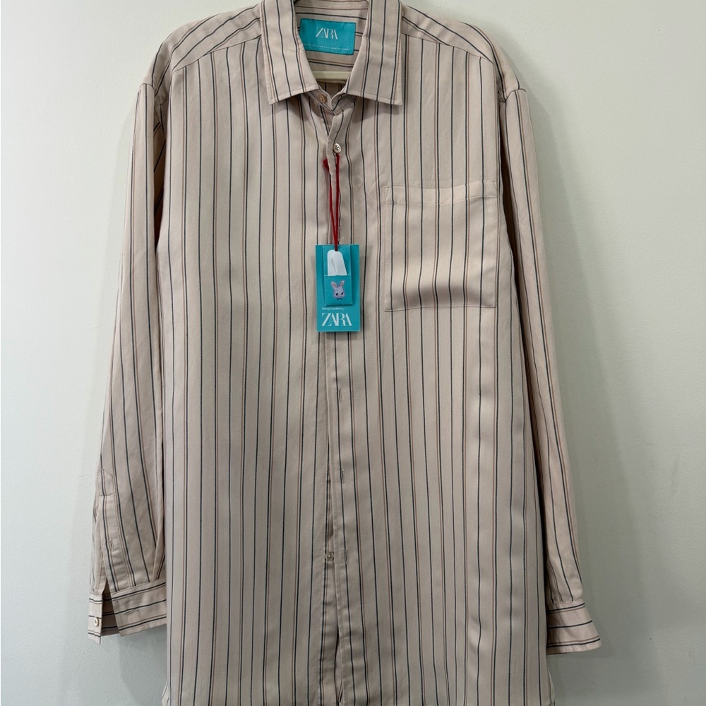 ZARA X Harry Lambert Striped Button Down Shirt Beige Brown Size XL $90 Limited